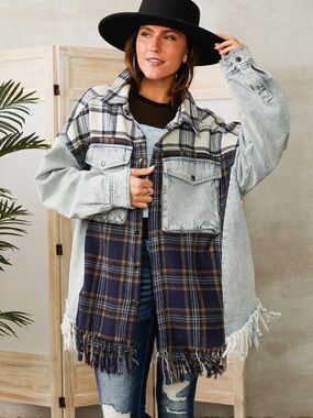 Oli & Hali Plaid Denim Shacket Fringe Hem Women’s M Snap Button Patchwork